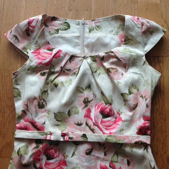 Floral Midi Cap-sleeve Belted Sheath Dress - Picture 3 of 12